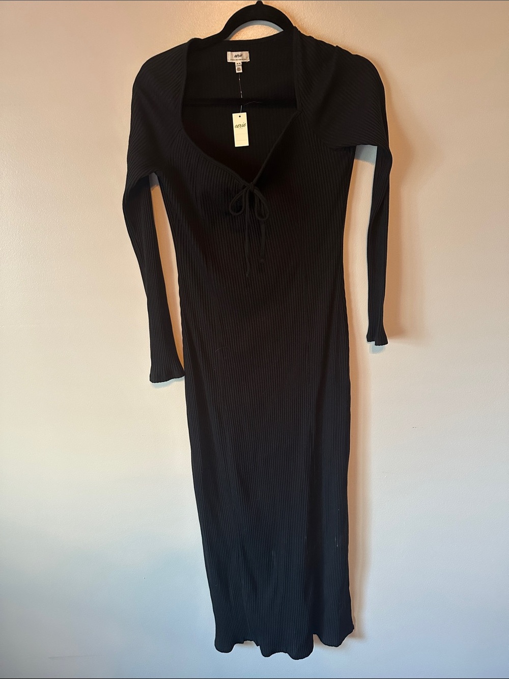 Aerie Long Sleeve Knit Tie Front Maxi Dress
